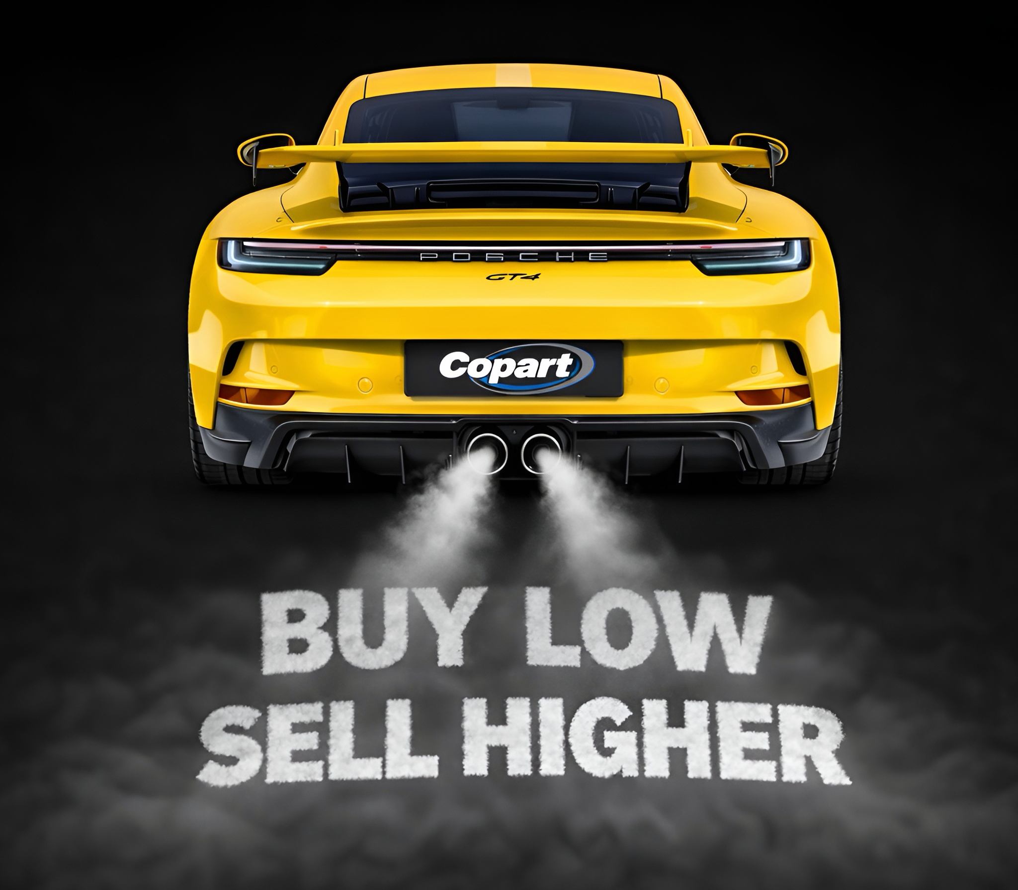 Yellow car with 'Copart' branding on a dark background with 'Buy Low Sell Higher' text.